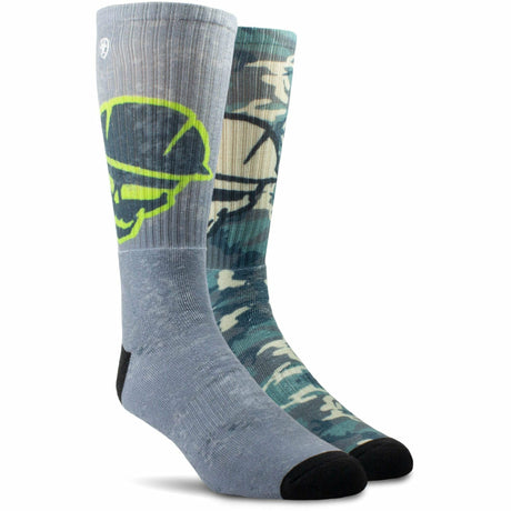 Ariat Roughneck Graphic Crew 2-Pack Socks  -  Medium / Gray/Green