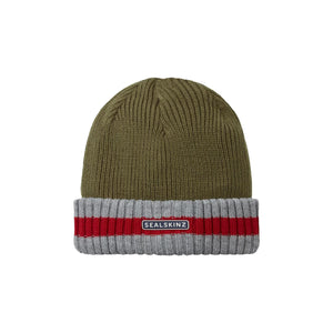 Sealskinz Holkham Waterproof Cold Weather Striped Roll Cuff Beanie  -  Small/Medium / Olive/Grey/Red